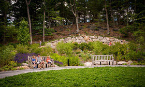 A mother reads to her children on a bench in The Ramble.