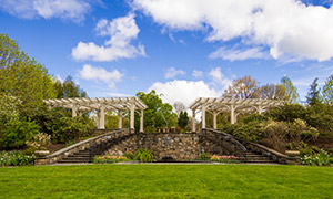A view of the Secret Garden facing the pergolas and farmhouse.