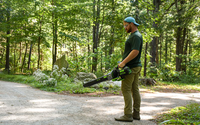 Horticulture team leaf blowing in the Shade Garden