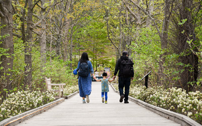A family walks along the boardwalk toward The Ramble.