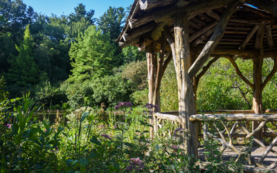 A side view of the gazebo by the Wildlife Refuge Pond.