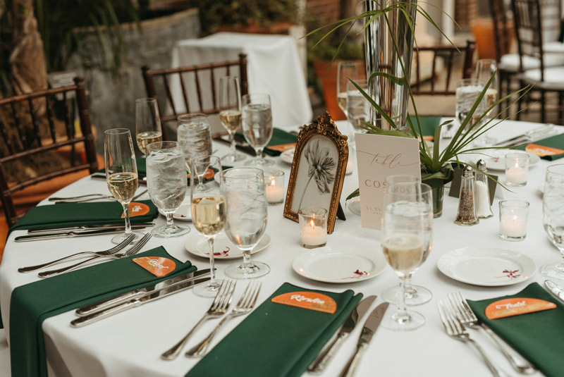 A wedding reception is set up and ready to go.