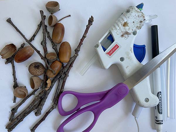 Supplies include hot glue gun, scissors. sticks of branches, and acorns.