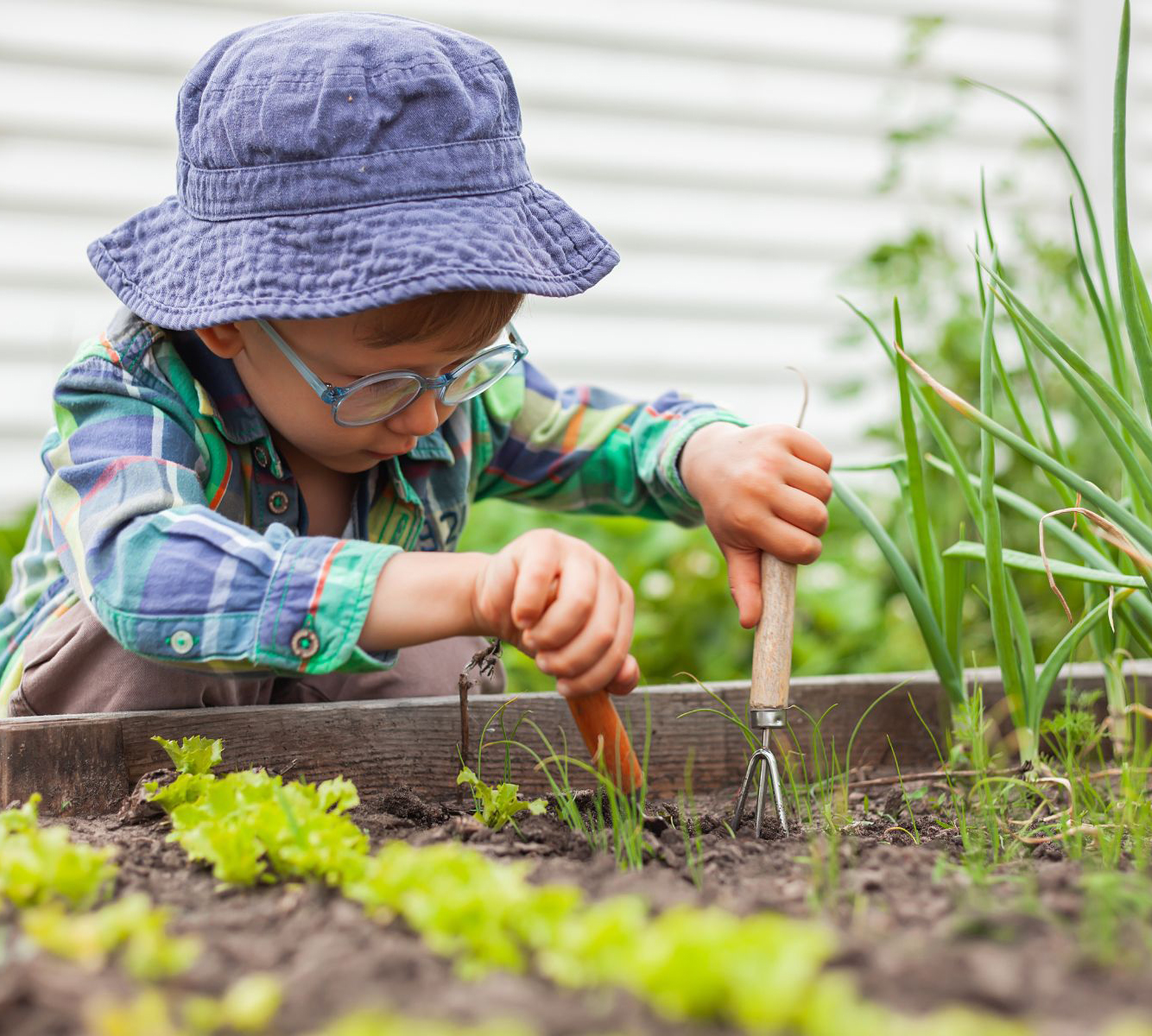 A child uses gardening tools to work in a vegetable garden bed.