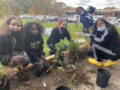 Clark Street Community School gardening volunteers planting outdoors