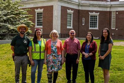 (From left to Right) Steve Conaway, Director of Horticulture at New England Botanic Garden; Grace Elton, CEO of New England Botanic Garden; Lynn Swain, Vice President for Advancement at the American Antiquarian Society; Scott Casper, President of the American Antiquarian Society; Kristen Balash, Vice President for Finance and Administration at the American Antiquarian Society; and Jenny Pacillo, Worcester City Council, District 1.